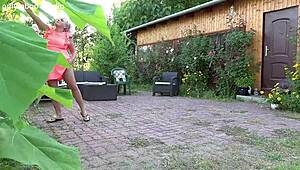 hey busty mature, wanna pump that fat cock outdoors in the garden with your huge saggy tits?