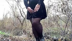 Mother-in-law squirts sweet pussy juice outdoors, watch her drip!