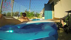regina noir teases nipples then masturbates and fucks poolside like a beach whore