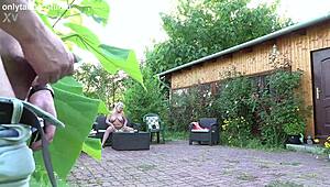 hey busty mature, wanna pump that fat cock outdoors in the garden with your huge saggy tits?