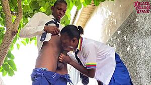 Black big cock boyfriend pounds petite classmate wet pussy in school backyard quickie