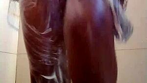 Brunette amateur showers in bathroom preparing for her date
