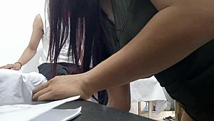 a feminine doctor pleasures herself before patient during checkup