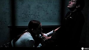 redhead fuck doll bound in bdsm escape room gets clothes ripped bent over doggystyle face fucked submissive humiliation dripping wet pussy