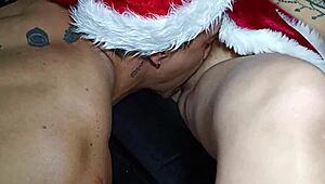 Latina with huge natural tits and big ass uses massive dildo toy as christmas gift