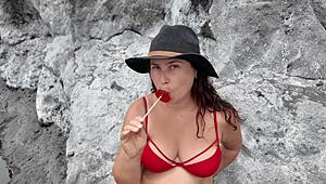 a stepmom sucks candy on beach then deepthroats stepsons dick with huge tits out 😏🍭👅