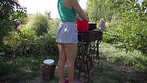 voyeur spies farmgirl's thong cameltoe flashing narrow ass under miniskirt outdoors