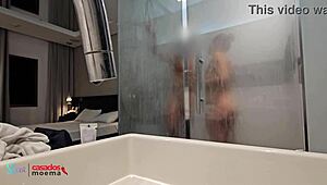 Old Cuckold Husband Watches Brazilian Wife Bathe with Massive Black Cock