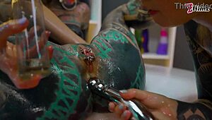 Slippery Oiled Lesbians THRUST Toys in Wild Threesome!