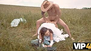Vip4k. City Cock Fills Outdoor Czech Bride In Wedding Dress Stockings