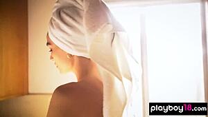 skinny latina sarah mollica strips rips clothes flashes small tits then showers naked petite