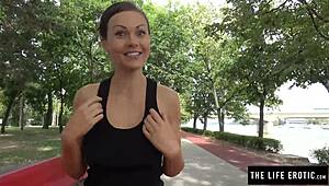 Petite brunette milf jogger fingers pussy outdoors risking getting caught
