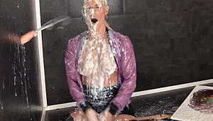 Glam slut gets slime covered in bukkake