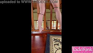 Slut Bound to Banister Takes Rough Monster Cock Pussy Pounding Creampie Drip