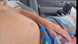 Old Lady Peeks at Wanking Cock in Car Panties Down