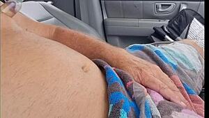 Old Lady Peeks at Wanking Cock in Car Panties Down