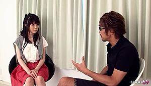petite japanese teen's first casting fuck creampies tight pussy in uncensored jav mmf threesome
