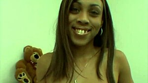 Black teen slurps and strokes white cock with eager handjob suck