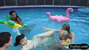 teen besties slobber wet blowjobs then get drilled hard in poolside 4some