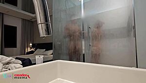 Old Cuckold Husband Watches Brazilian Wife Bathe with Massive Black Cock