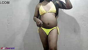 Indian shemale in lime bikini crossdresses horny for anal play