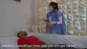 pregnant doctor fucks patient pussy licks his cock then pisses pants in outdoor hospital cowgirl