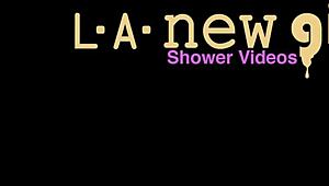 Shy elegant blonde bathes in private shower