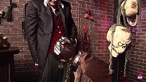 a guy visits a bdsm shop and fucks a brunette cosplaying as an indian doll
