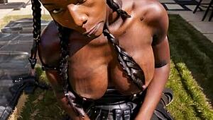 Ebony Teen Boobs Exposed in Public Leather Skirt Outdoors