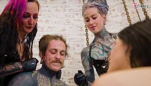 Cruel latex goddesses brutally sound tattoo slave's urethra deep