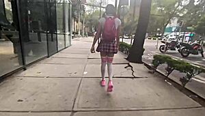 monster cock toy stretches trans shemale's gaping ass in miniskirt pigtails outdoor exhibitionist fuck