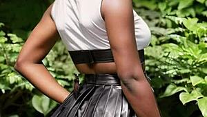 Ebony Teen Boobs Exposed in Public Leather Skirt Outdoors