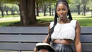 Ebony Teen Boobs Exposed in Public Leather Skirt Outdoors