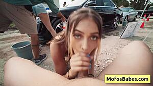 blonde jc wilds swallows huge dick at car wash