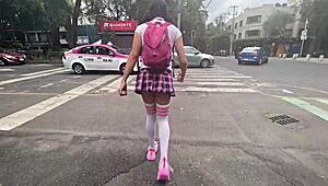 monster cock toy stretches trans shemale's gaping ass in miniskirt pigtails outdoor exhibitionist fuck