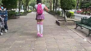 monster cock toy stretches trans shemale's gaping ass in miniskirt pigtails outdoor exhibitionist fuck