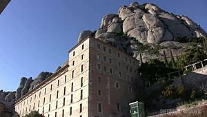 Public outdoor thrill unfolds with Montserrat mountain as stunning backdrop in broad daylight