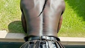 Ebony Teen Boobs Exposed in Public Leather Skirt Outdoors