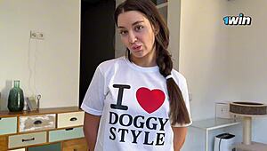 i seduced skinny stepsis in doggystyle shirt then missionary creampied her tight pussy