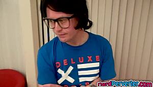 cleaning lady gives a nerdy dude a sloppy blowjob