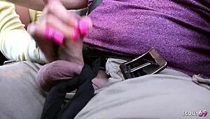 Dirty bitch gives old guy nylon handjob in car