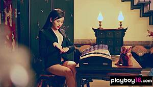 Glamorous chinese teen shows exotic hairy pussy