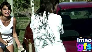 Two hot brunette naked carwash showing big medium tits