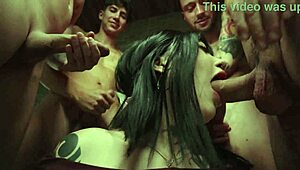 tattoo artist gets fucked by four men and screams during triple penetration