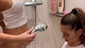 Lesbian shower quickly escalates to sloppy double blowjob with deepthroat competition ending with huge facial and cum swapping pov