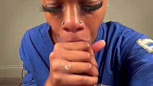 sexy ebony with dick sucking lips gets throat fucked and massive facial