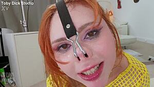Redhead gets nose hooked during rough throat fuck and rimming