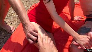 gangbang on the lake during bbq with a beautiful chick