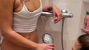 Lesbian shower quickly escalates to sloppy double blowjob with deepthroat competition ending with huge facial and cum swapping pov
