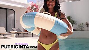 SOAKED asian model touches her big tits underwater